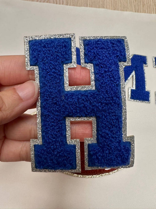 3 inch Iron on letters, Blue/Silver glitter, Chenille Letter: H